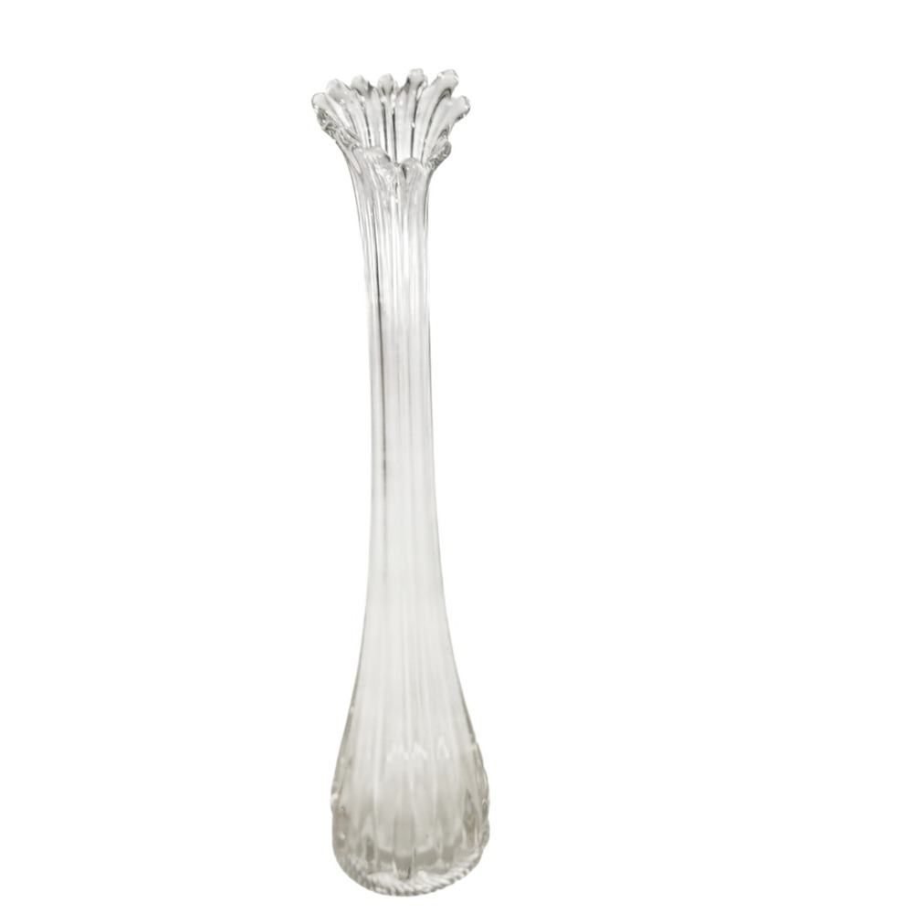Vintage Clear Swung Glass Bud Vase 15 Inch Ruffled Finger Rim Ribbed Base